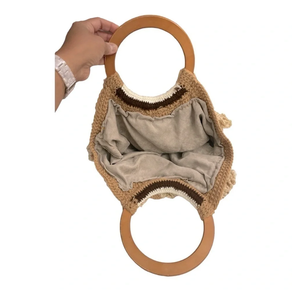 Vintage Handmade Floral Crochet Granny Style Bag, tan /cream wooden handles